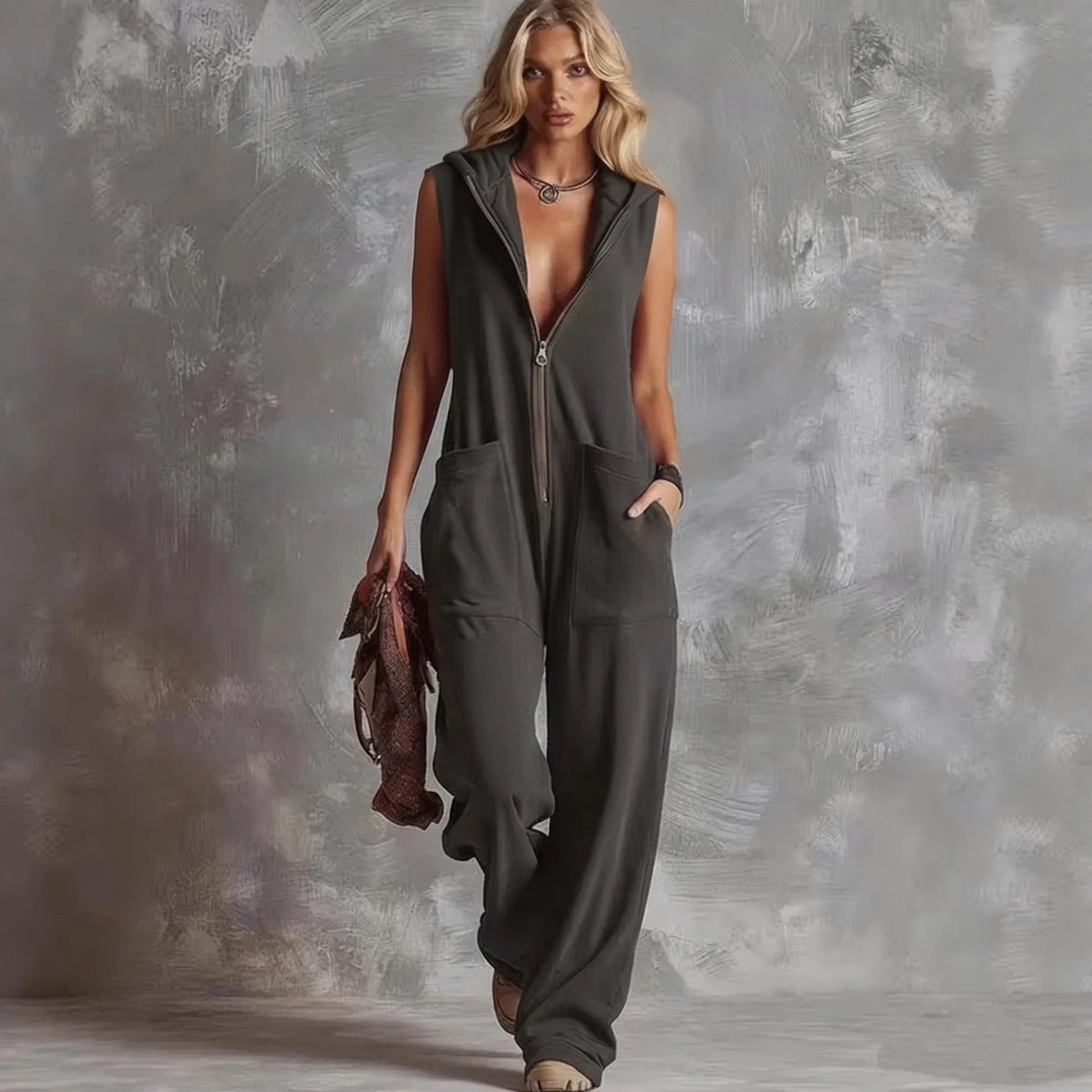 Hooded Wide Leg Jumpsuit - Dark Grey
