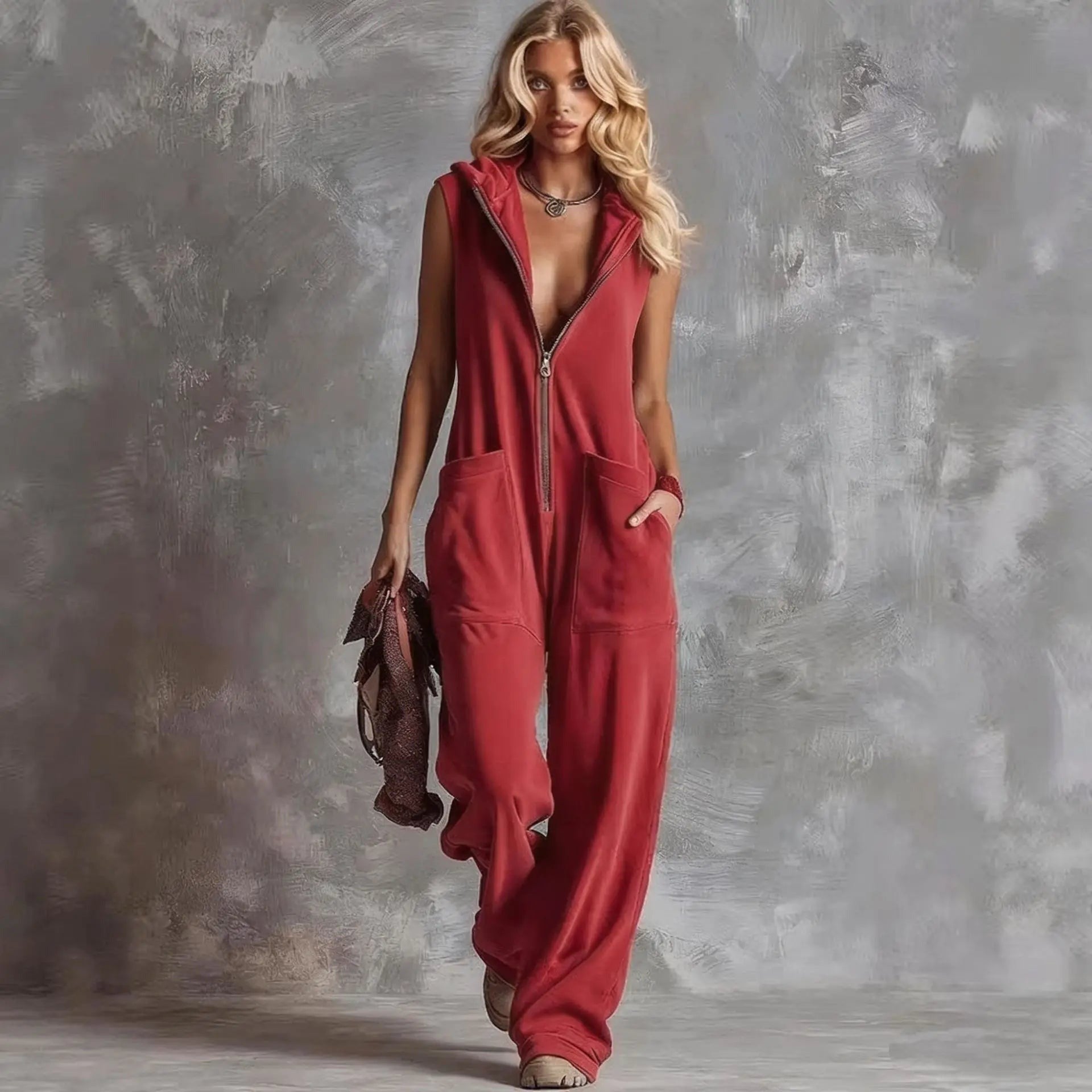 Hooded Wide Leg Jumpsuit - Red