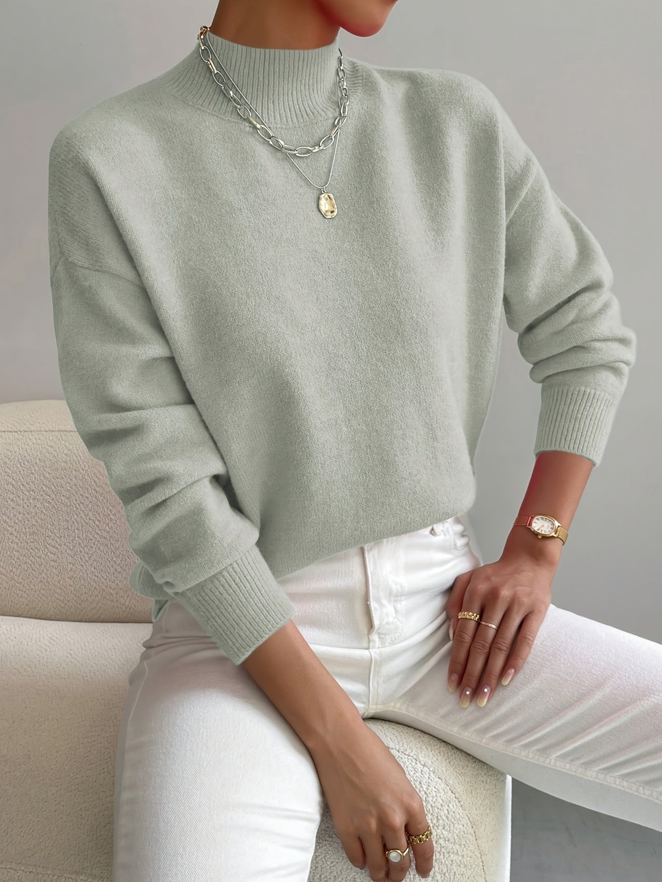 Knit Mock Neck Sweater - Light Grey