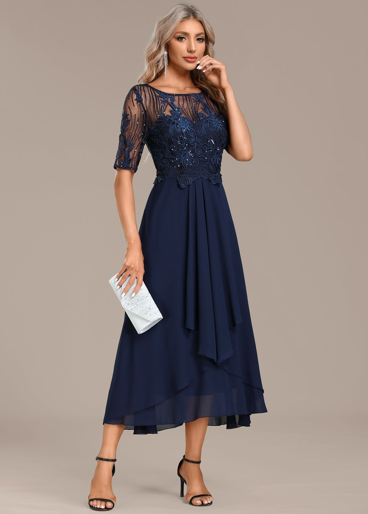 Lace Tea Length Formal Dress