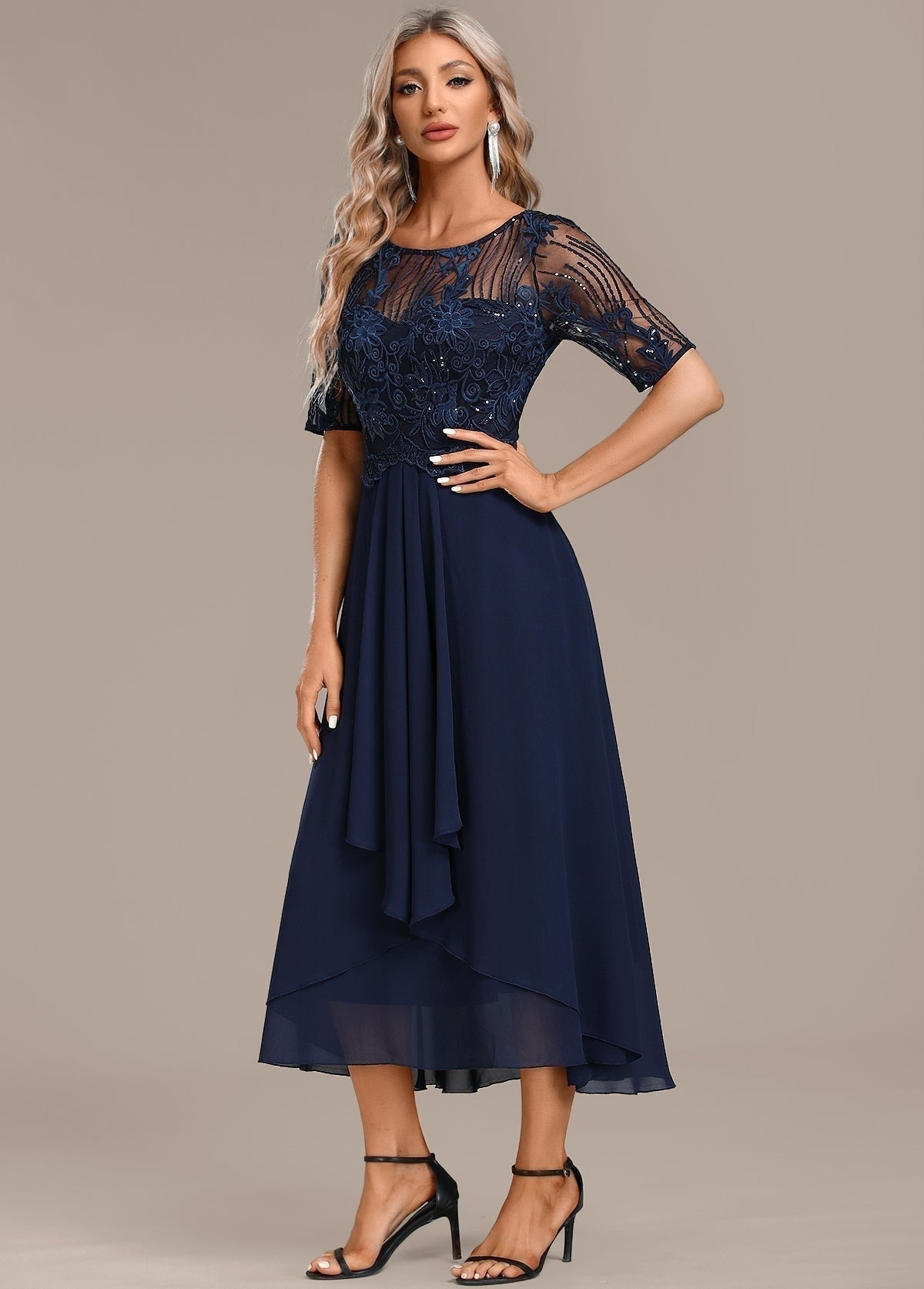 Lace Tea Length Formal Dress