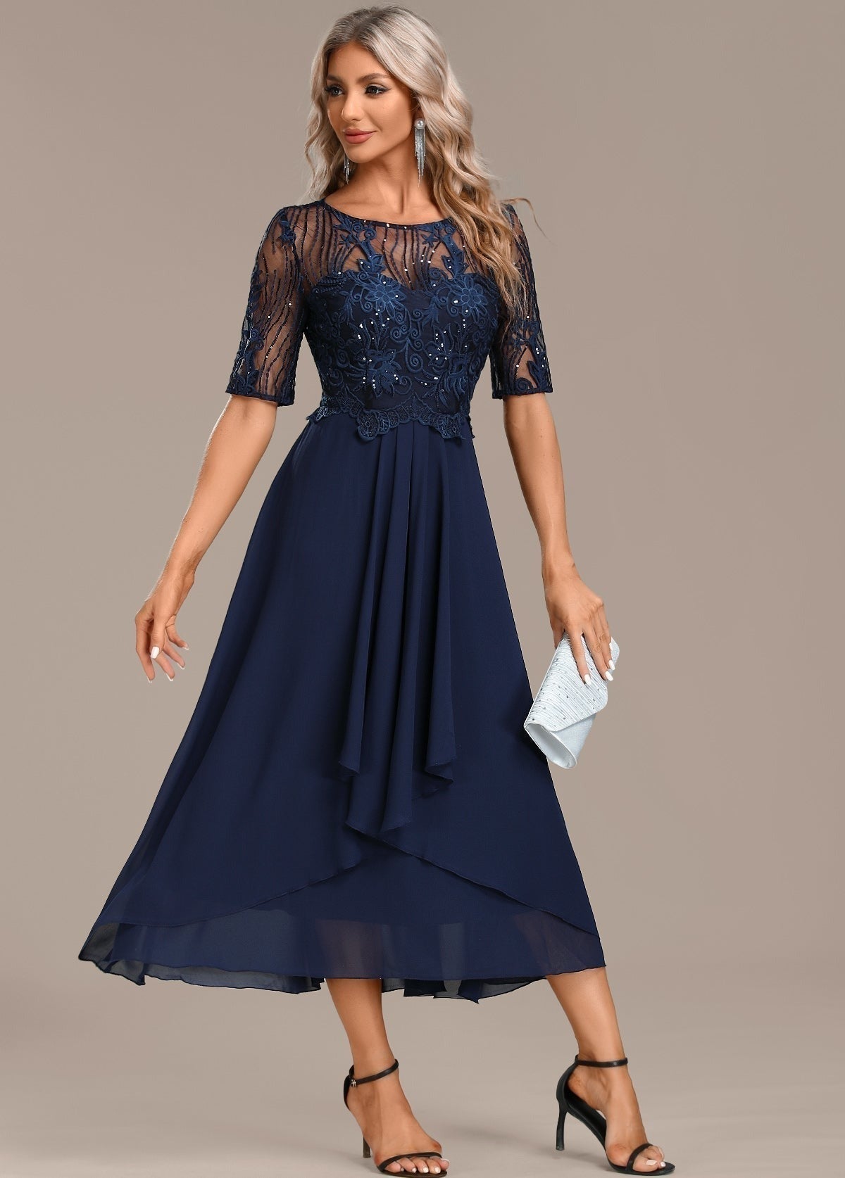 Lace Tea Length Formal Dress