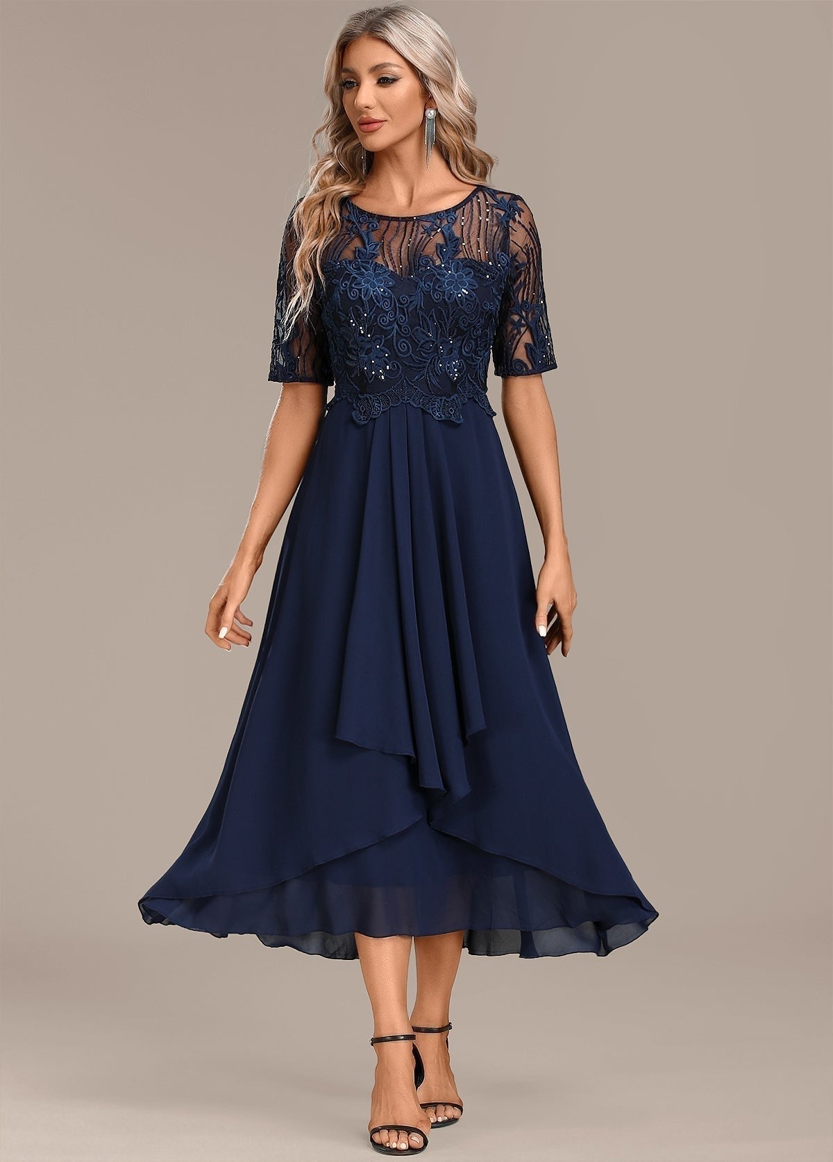 Lace Tea Length Formal Dress - Navy