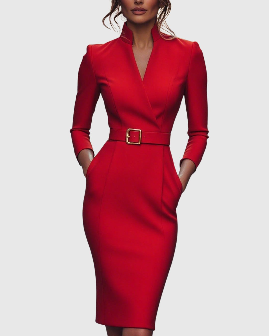 Long Sleeve Bodycon Midi Dress - Red