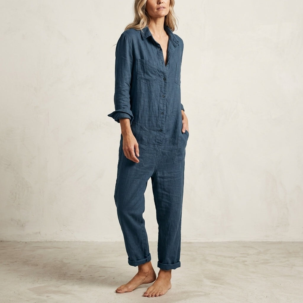 Long Sleeve Casual Jumpsuit - Blue