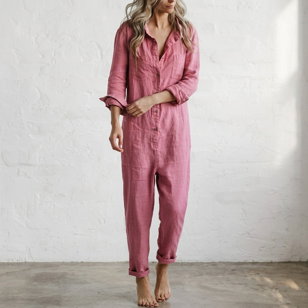 Long Sleeve Casual Jumpsuit - Pink