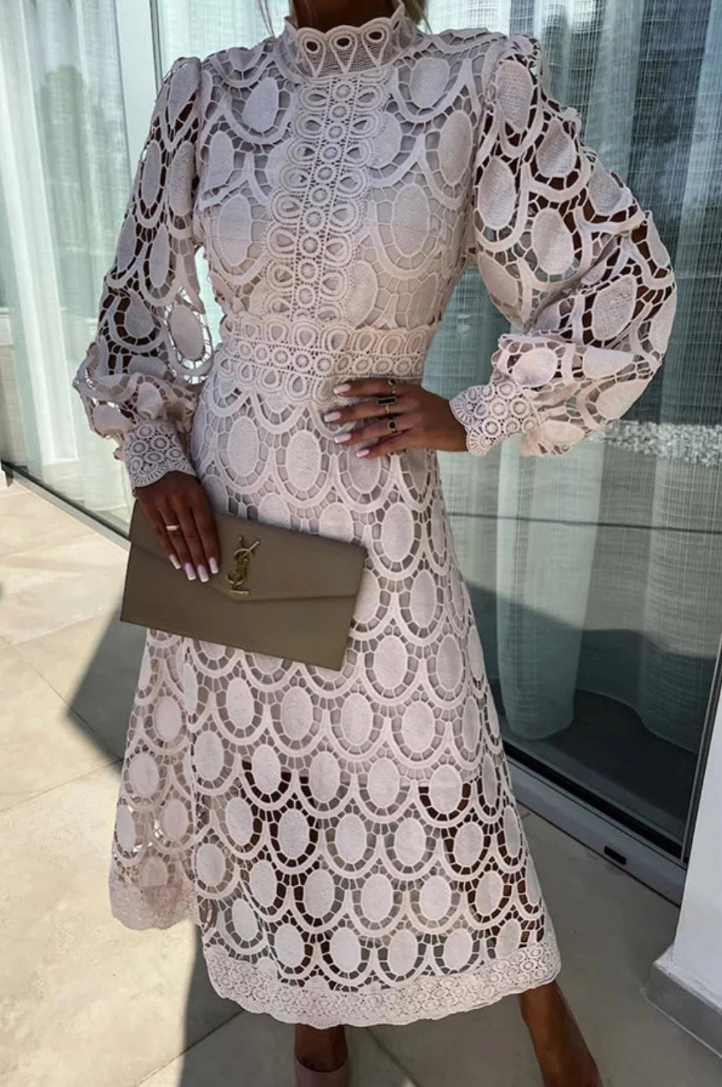 Long Sleeve Crochet Midi Dress - Apricot