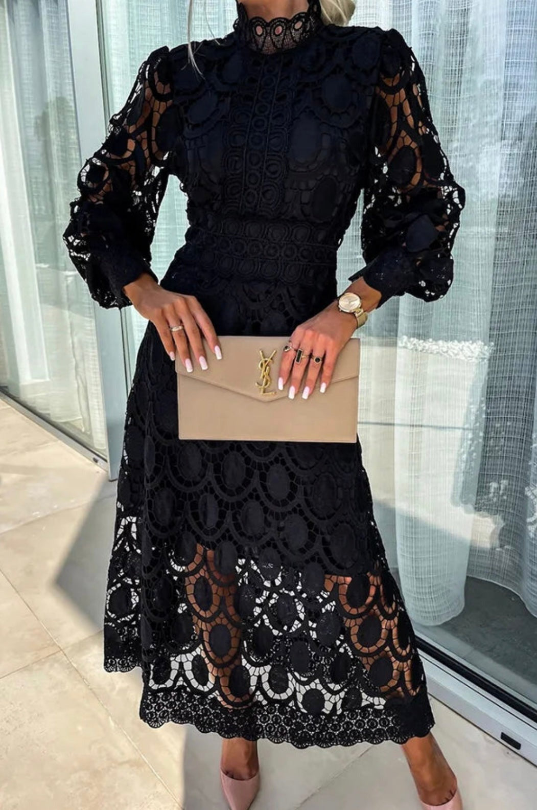 Long Sleeve Crochet Midi Dress - Black