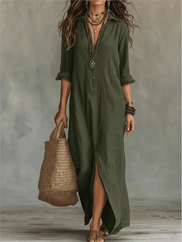 Long Sleeve Maxi Shirt Dress - Army Green
