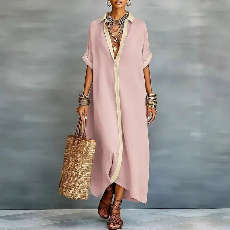 Long Sleeve Maxi Shirt Dress - Pink