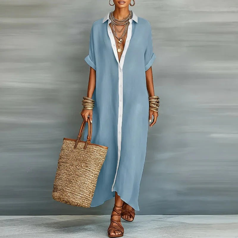 Long Sleeve Maxi Shirt Dress - Sky Blue
