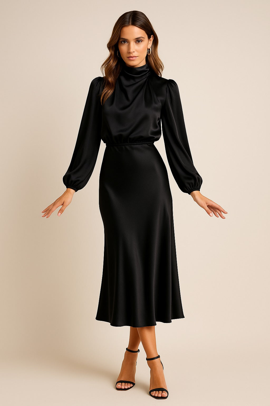 Long Sleeve Satin Midi Dress - Black