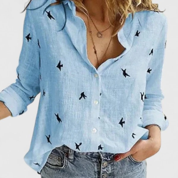 Long Sleeve V Neck Blouse - Blue 2