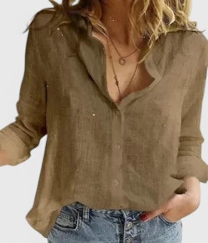 Long Sleeve V Neck Blouse - Brown