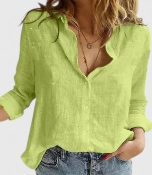 Long Sleeve V Neck Blouse - Green