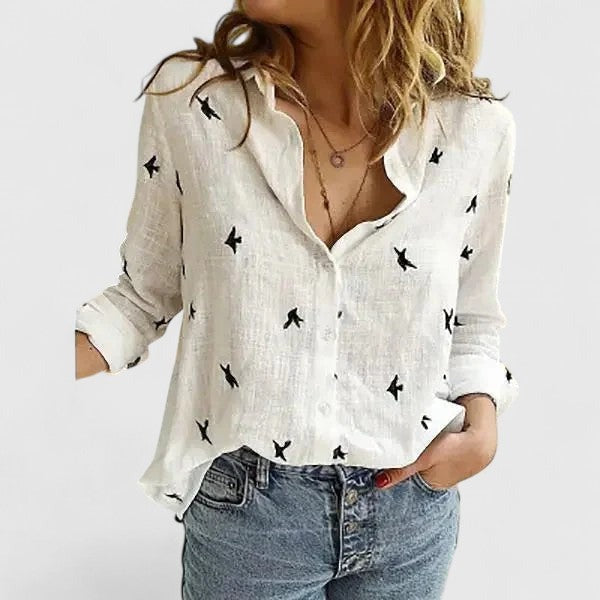 Long Sleeve V Neck Blouse - White 2