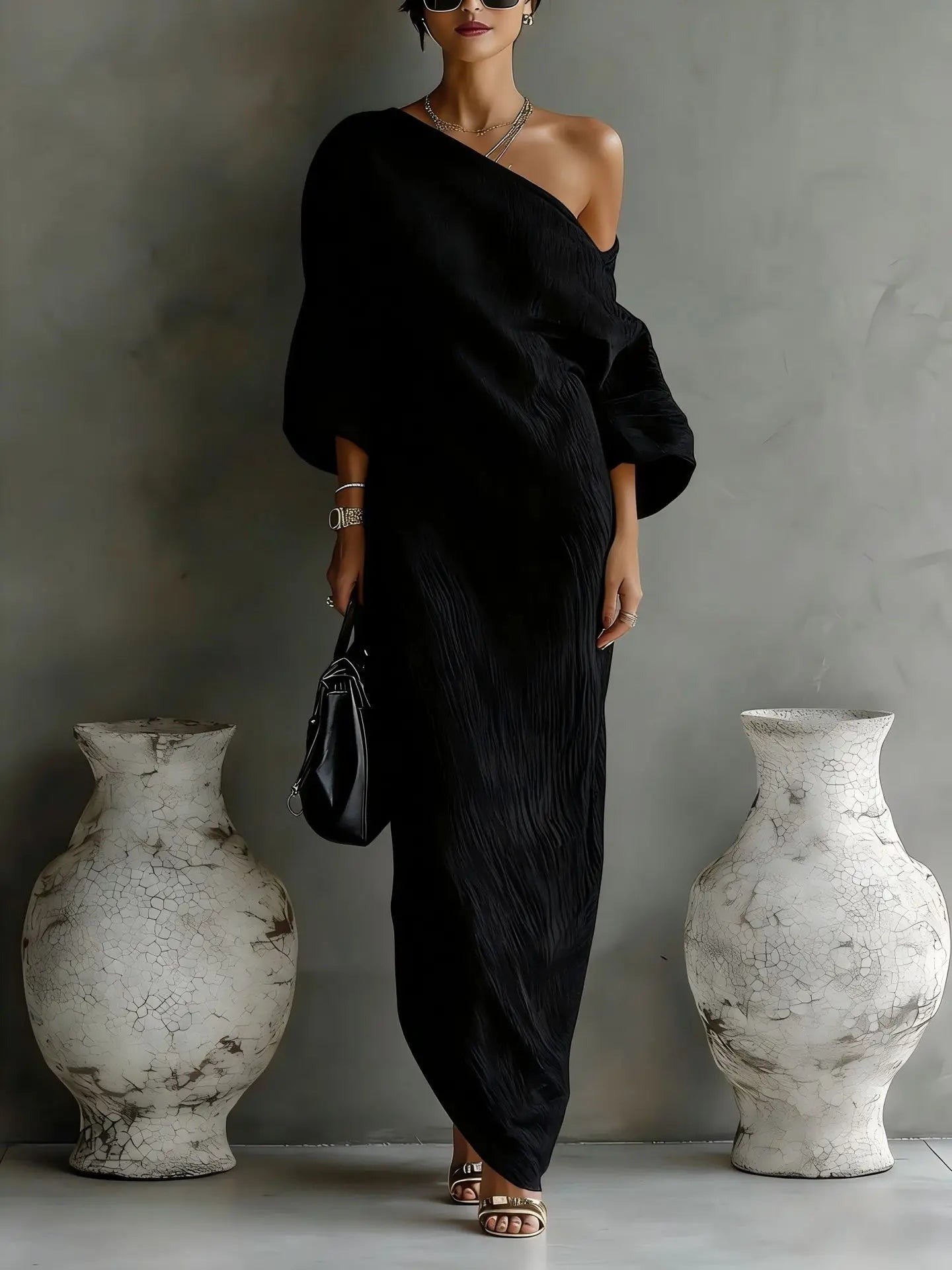 One Shoulder Maxi Dress - Black