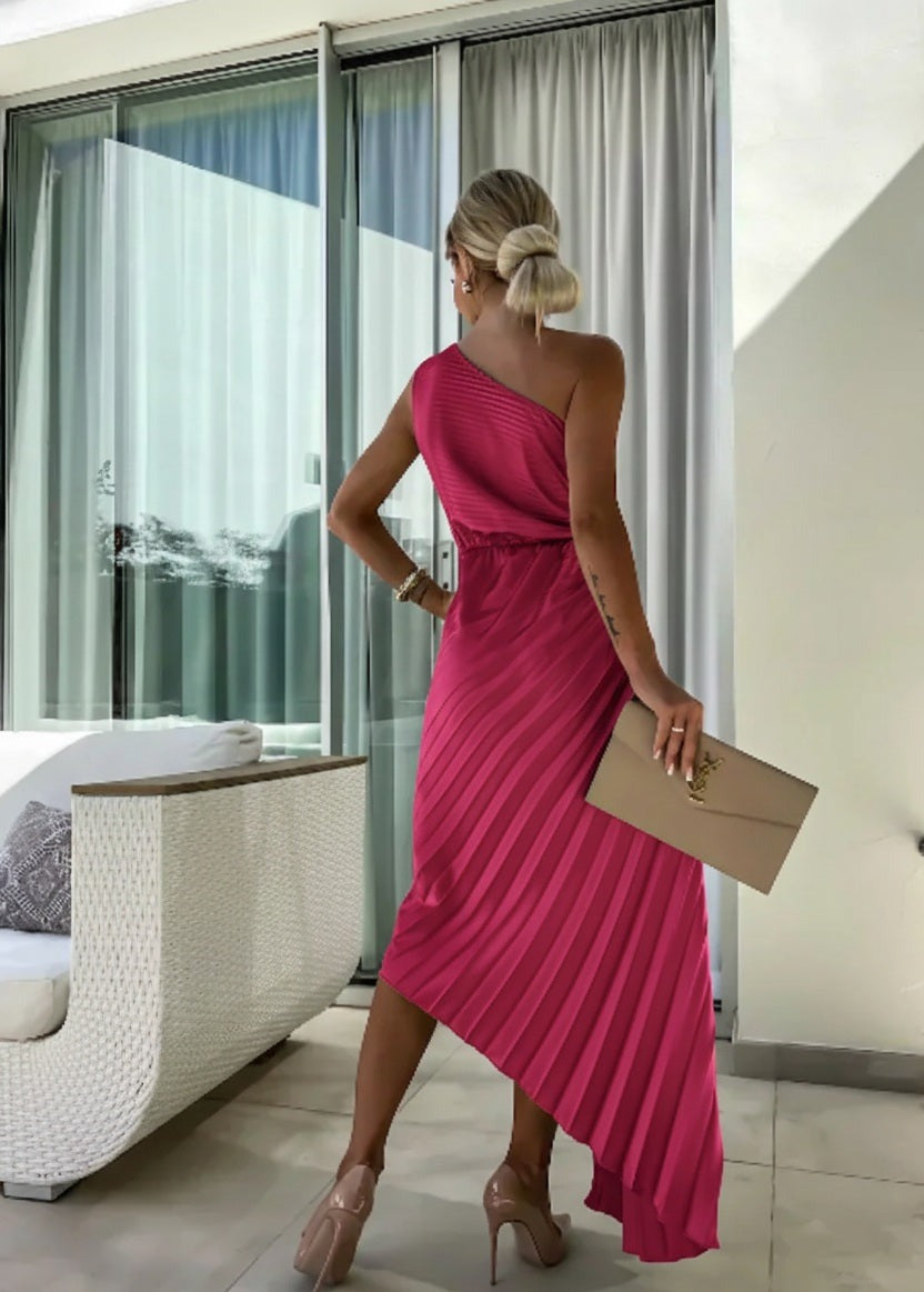 One Shoulder Pleated Midi Dress