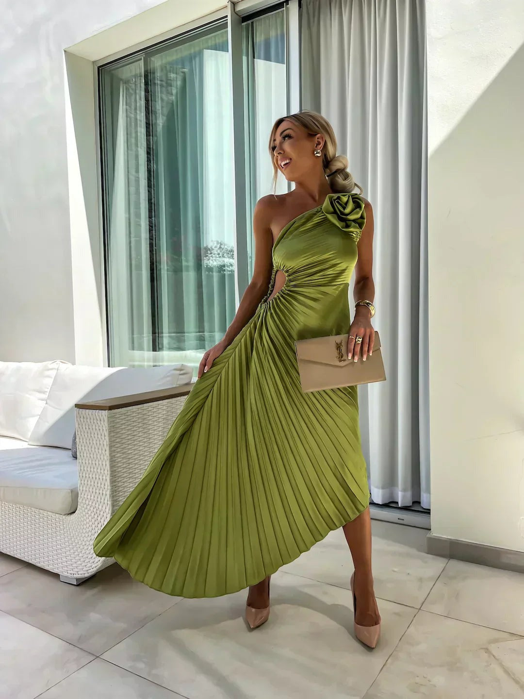 One Shoulder Pleated Midi Dress