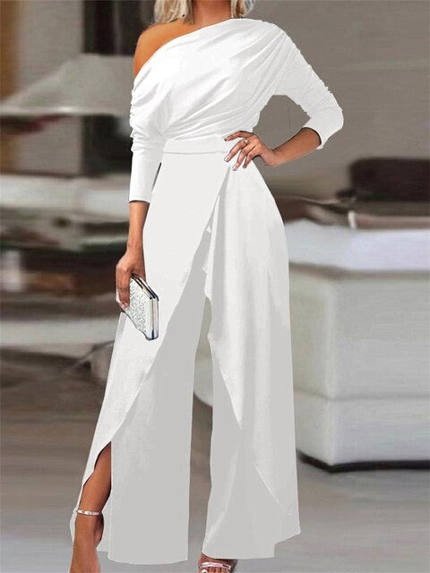 One Shoulder Wide Leg Jumpsuit - White