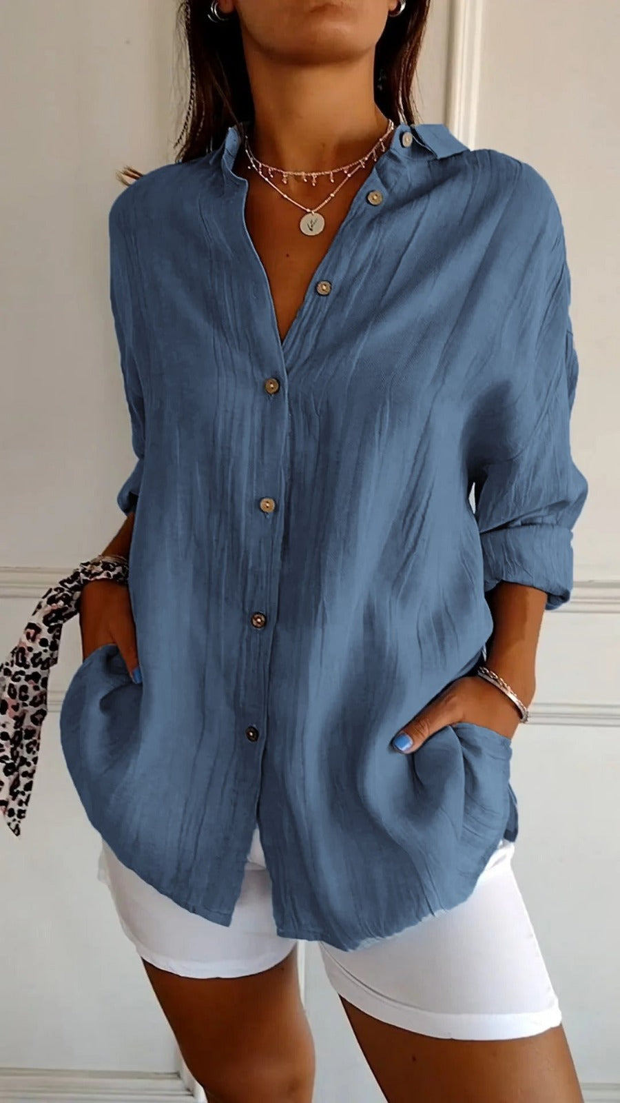 Oversized Long Sleeve Shirt - Dark Blue