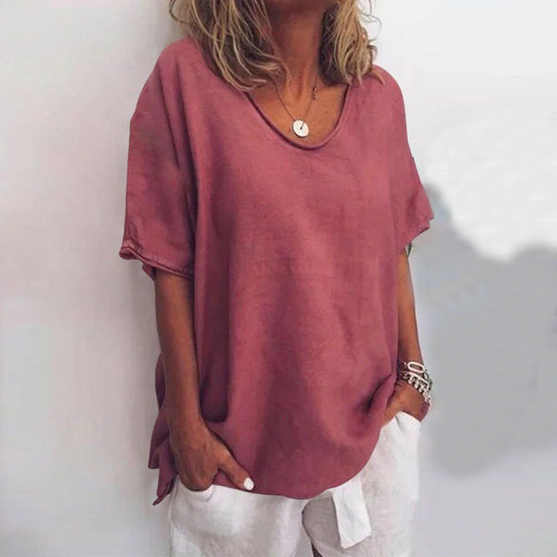 Oversized V Neck Blouse - Dark Pink