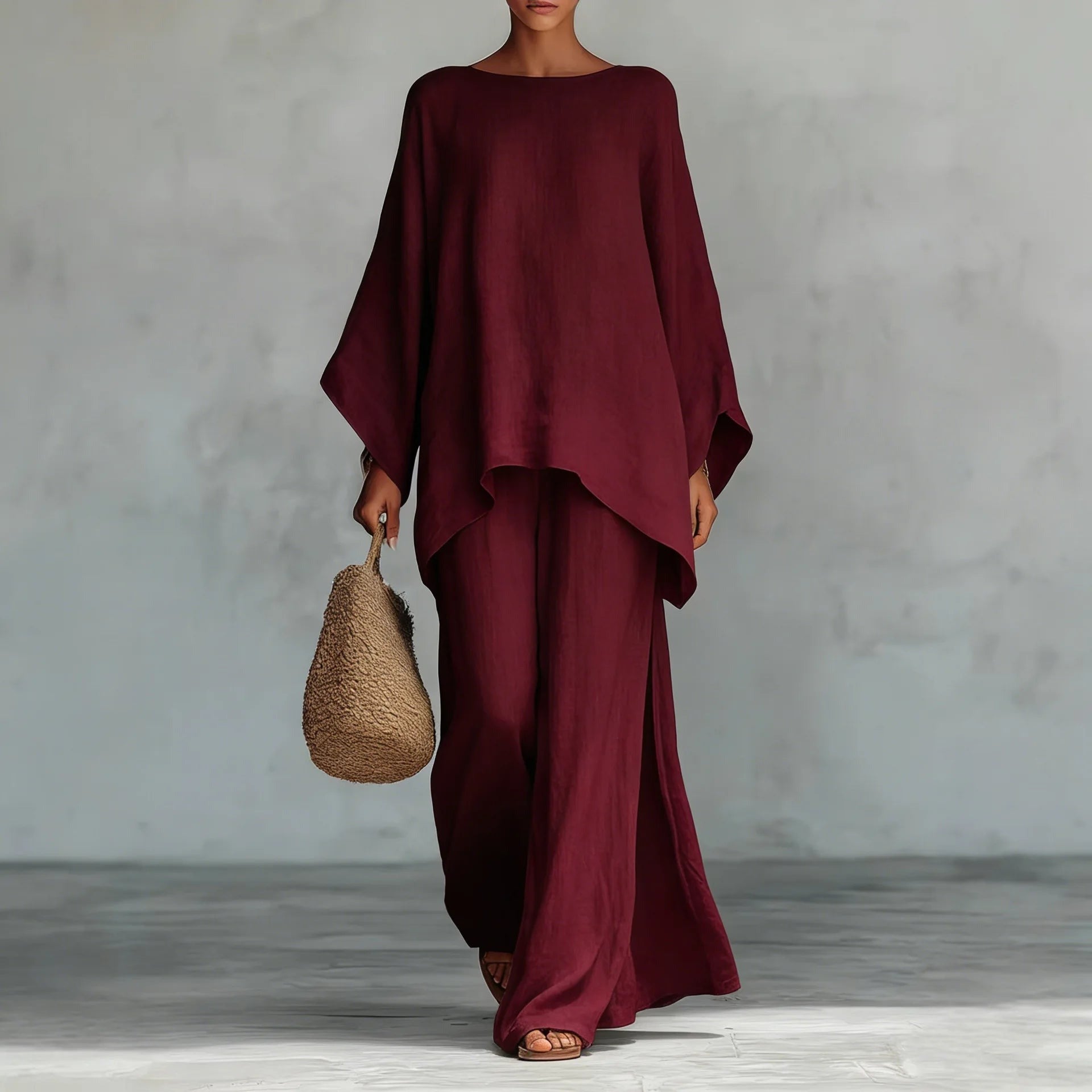 Oversized Wide Leg Two Piece Set - Burgundy