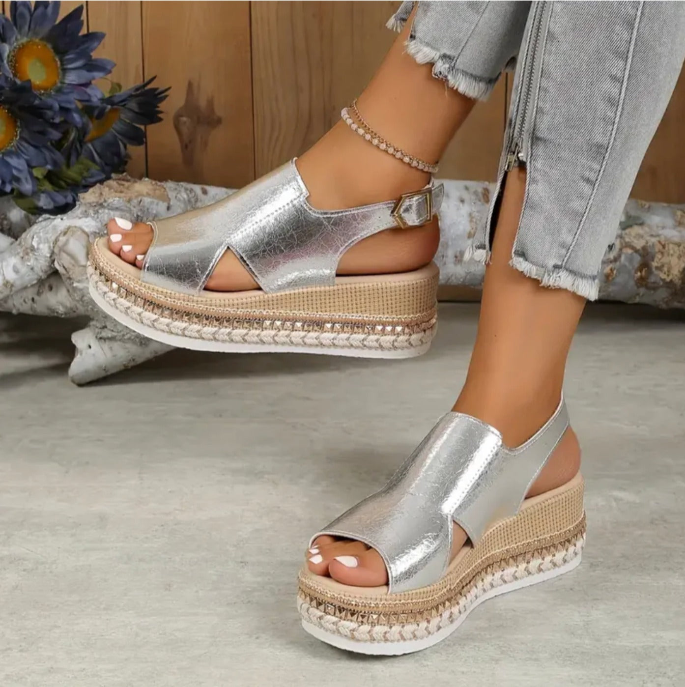 Platform Espadrille Wedge Sandals - Silver