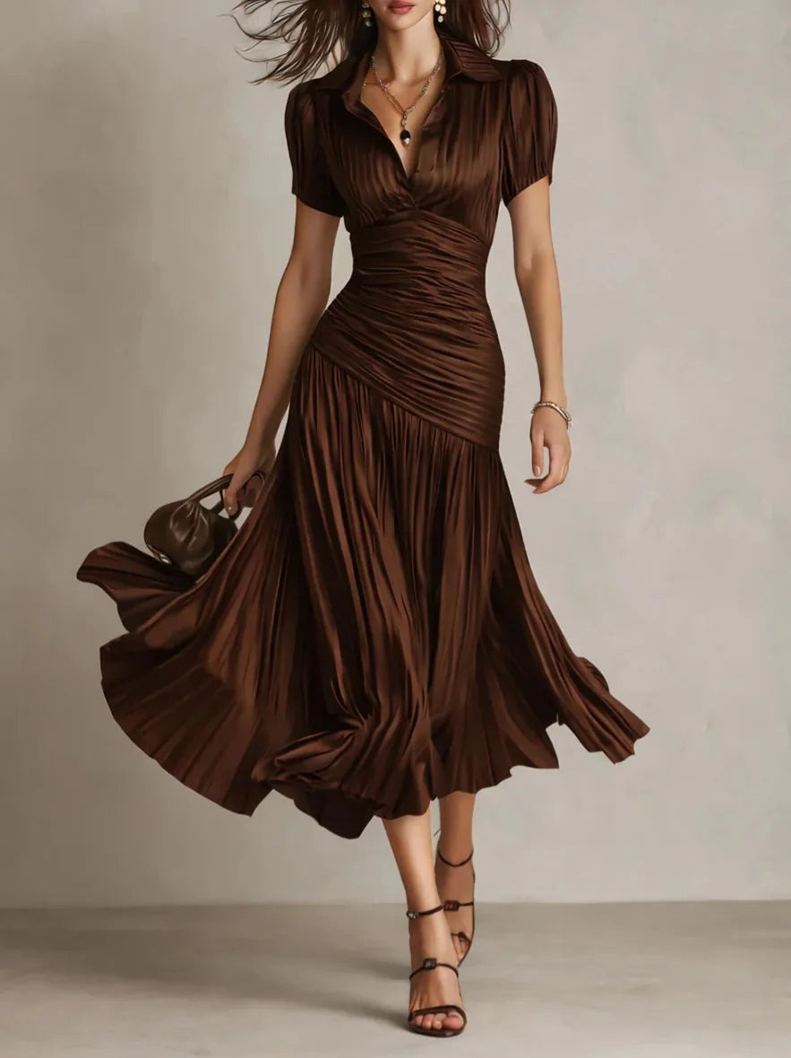 Pleated A Line Midi Dress - Brown