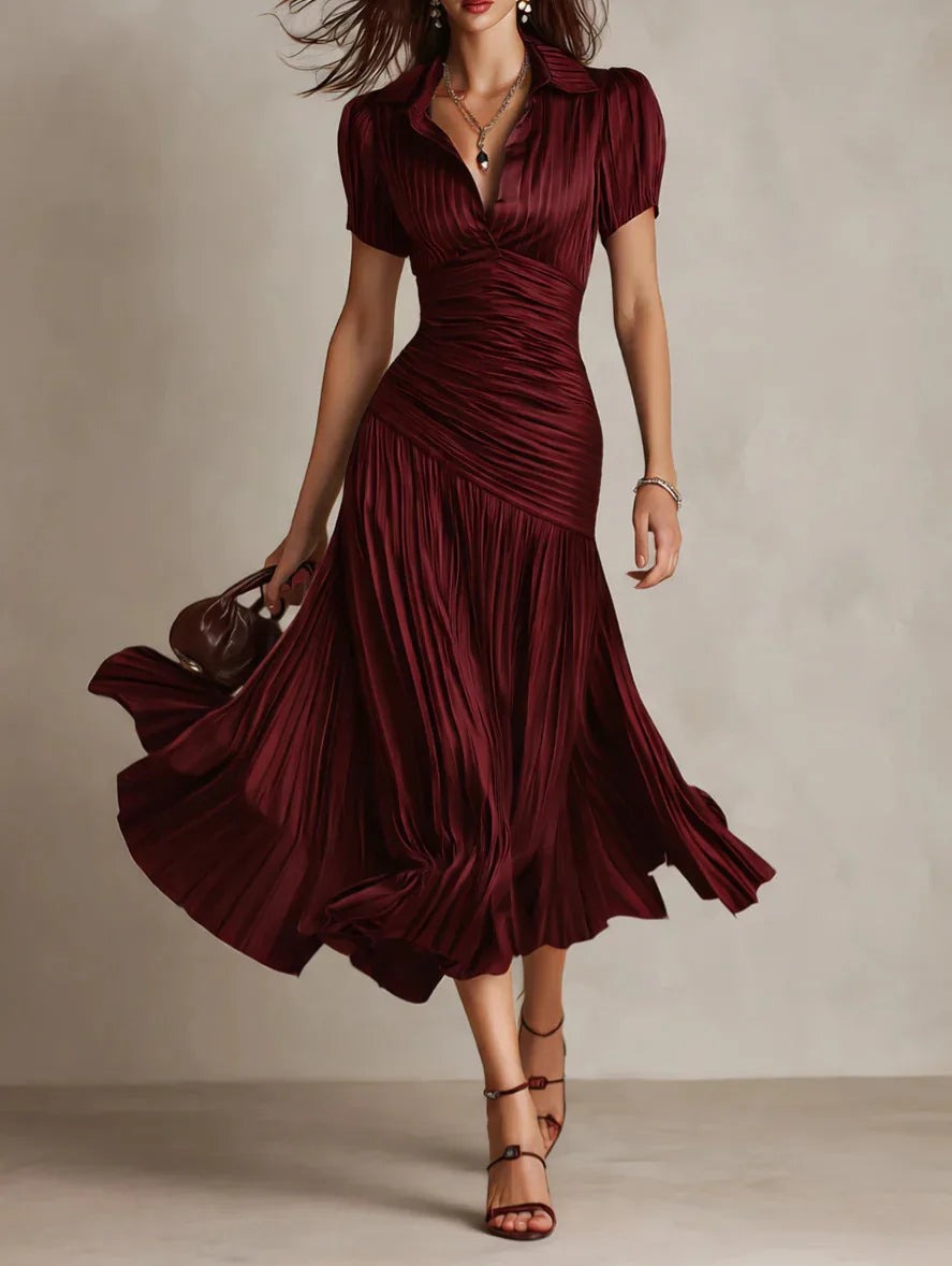 Pleated A Line Midi Dress - Burgundy