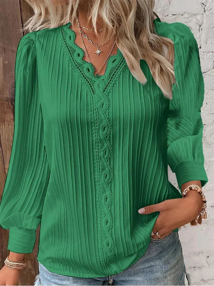 Pleated Long Sleeve Blouse - Green