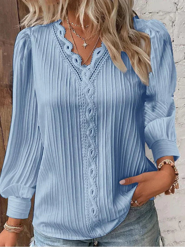 Pleated Long Sleeve Blouse - Light Blue