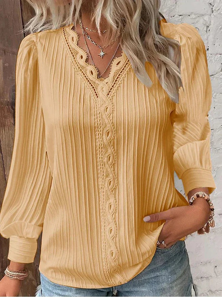 Pleated Long Sleeve Blouse - Yellow