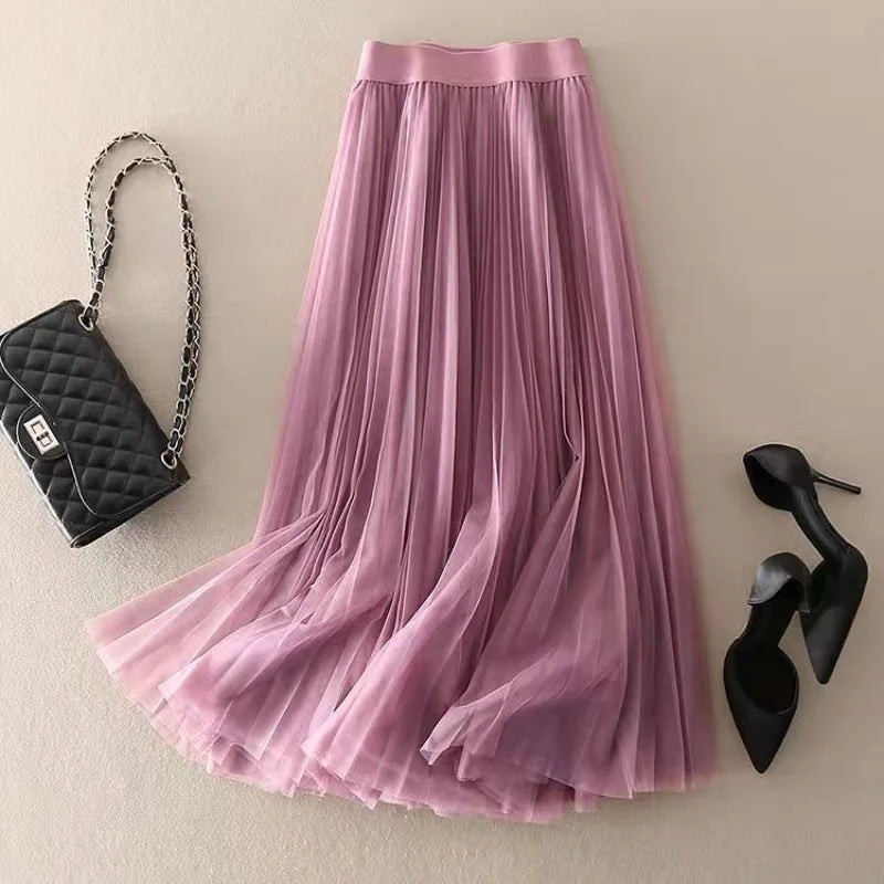 Pleated Tulle Maxi Skirt - Purple
