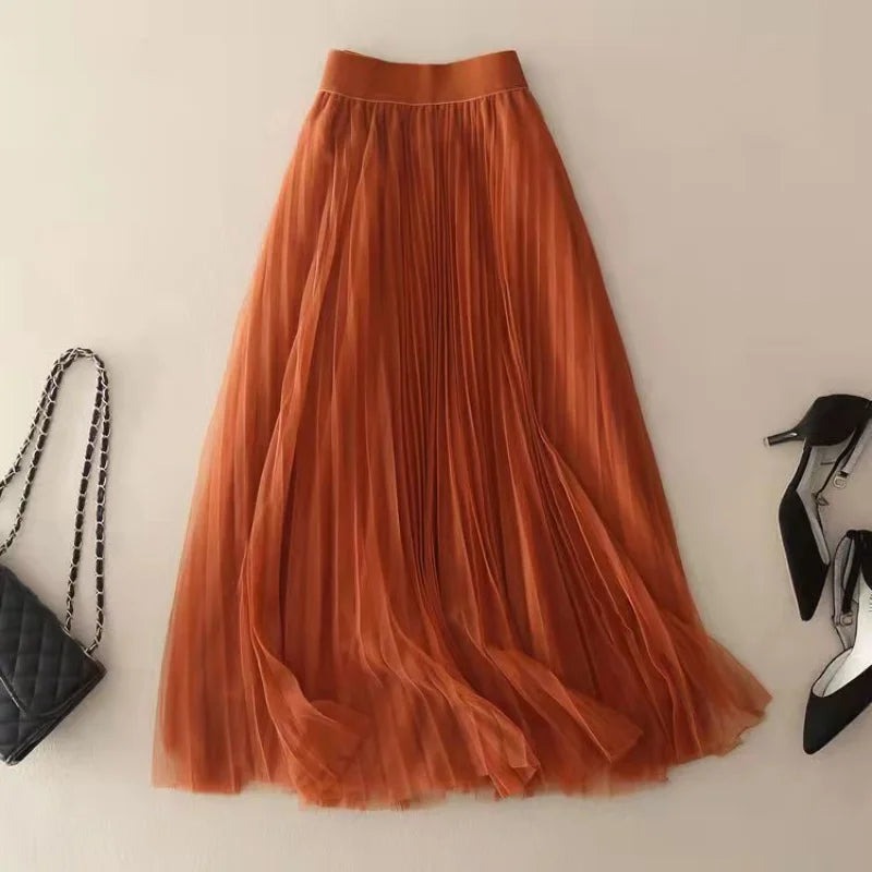 Pleated Tulle Maxi Skirt - Rust Red