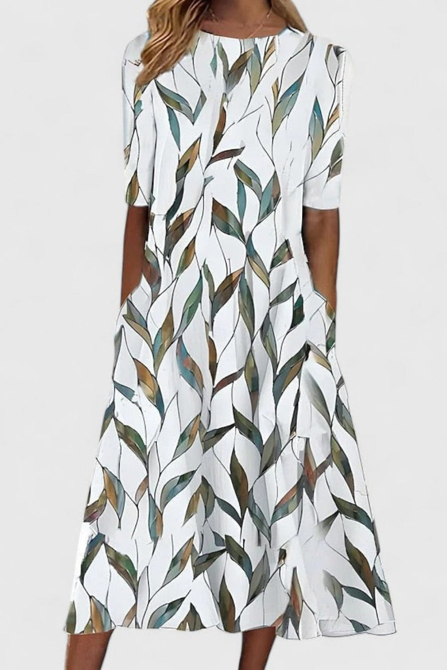 Printed A Line Midi Dress - White 2