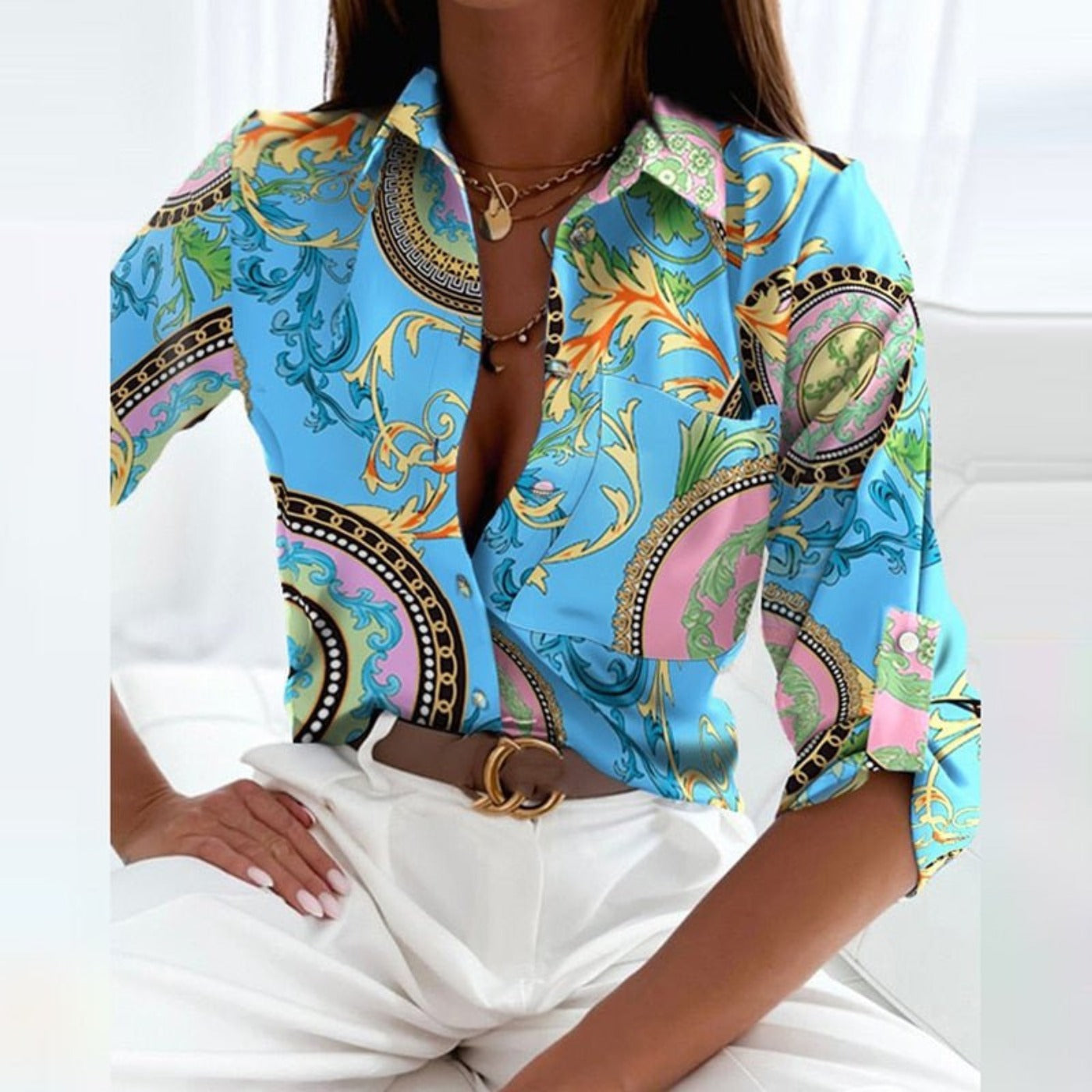 Printed Long Sleeve Blouse - Light Blue