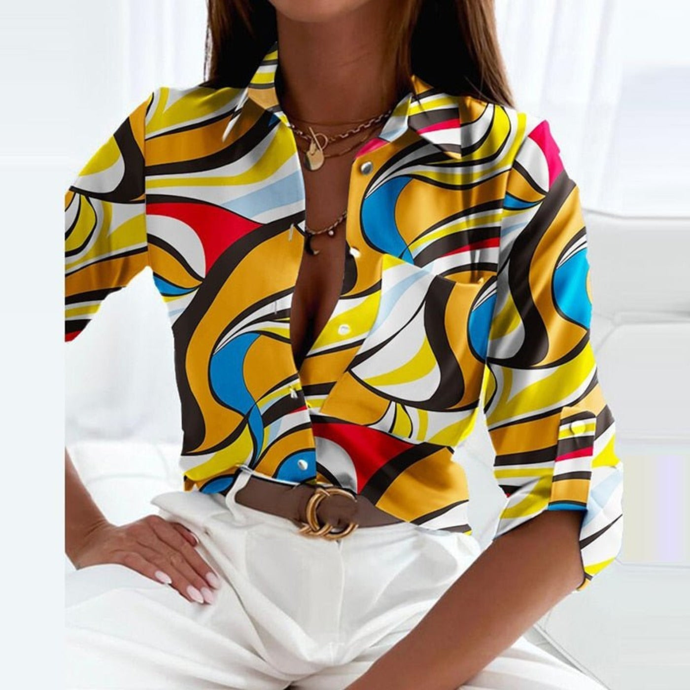 Printed Long Sleeve Blouse - Yellow