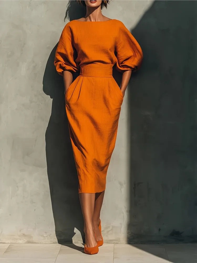 Puff Sleeve Midi Dress - Orange