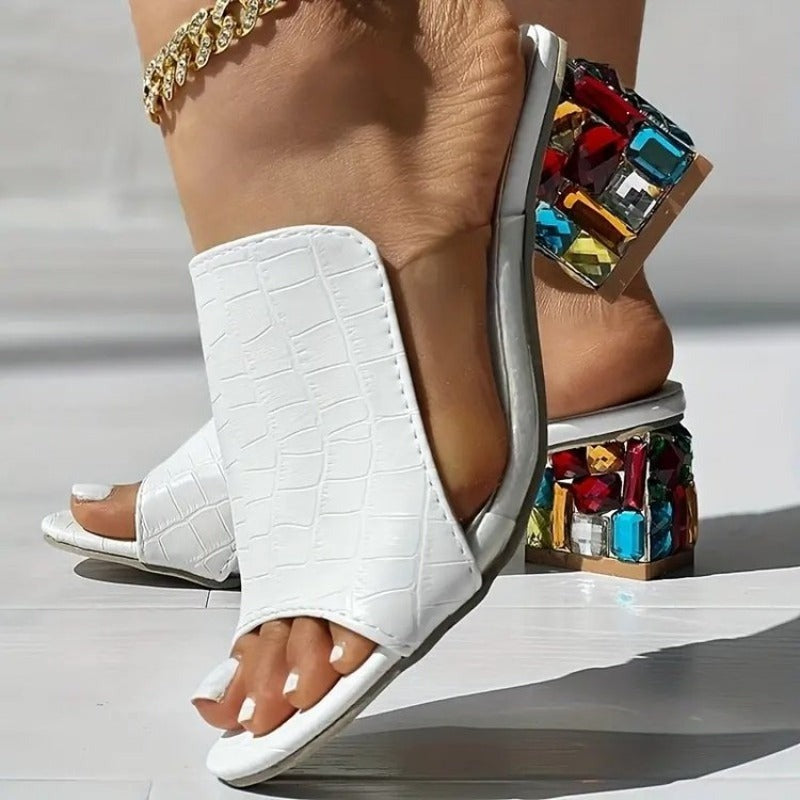 Rhinestone Block Heel Mules
