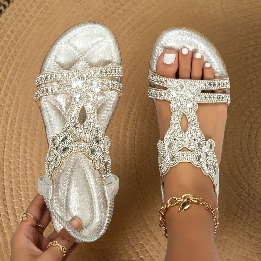 Rhinestone Bohemian Flat Sandals - Khaki