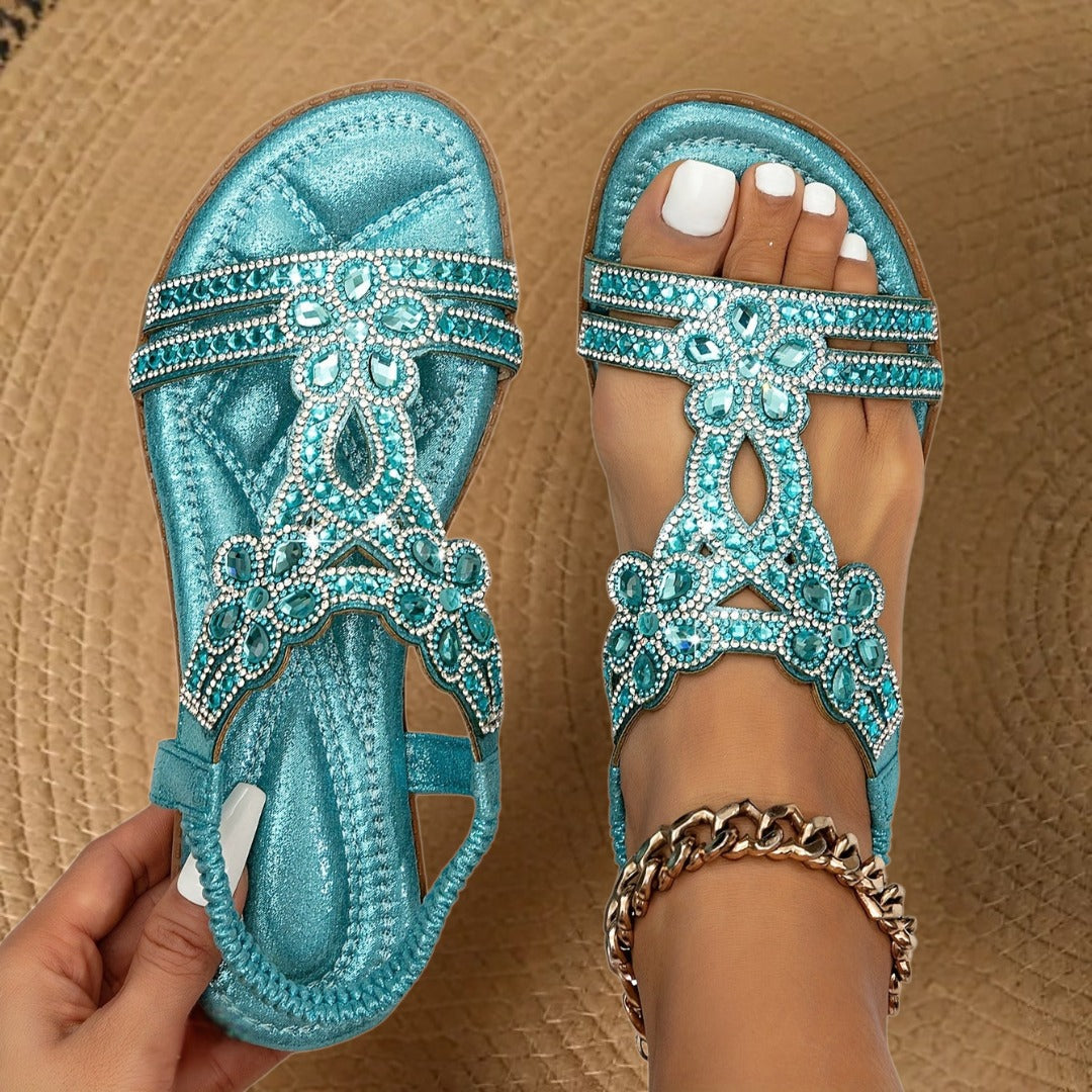 Rhinestone Bohemian Flat Sandals - Light Blue