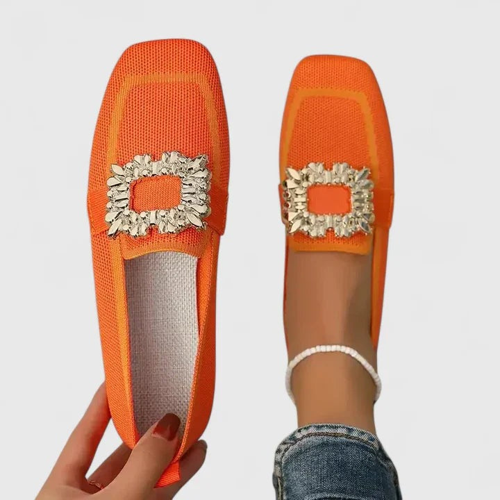 Rhinestone Embellished Loafers - Orange