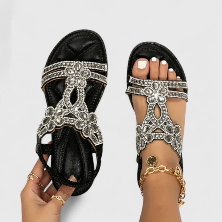 Rhinestone Flat Sandals - Black