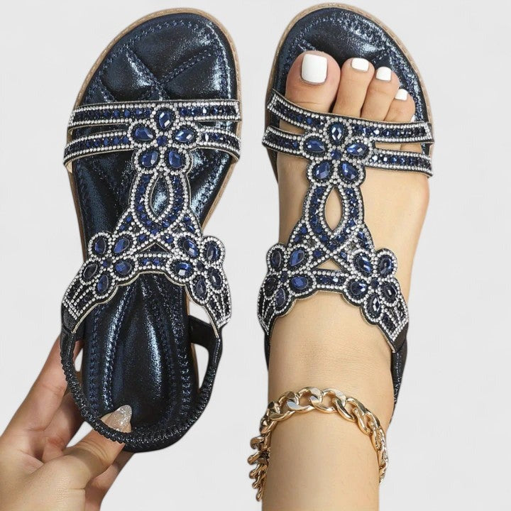 Rhinestone Flat Sandals - Blue