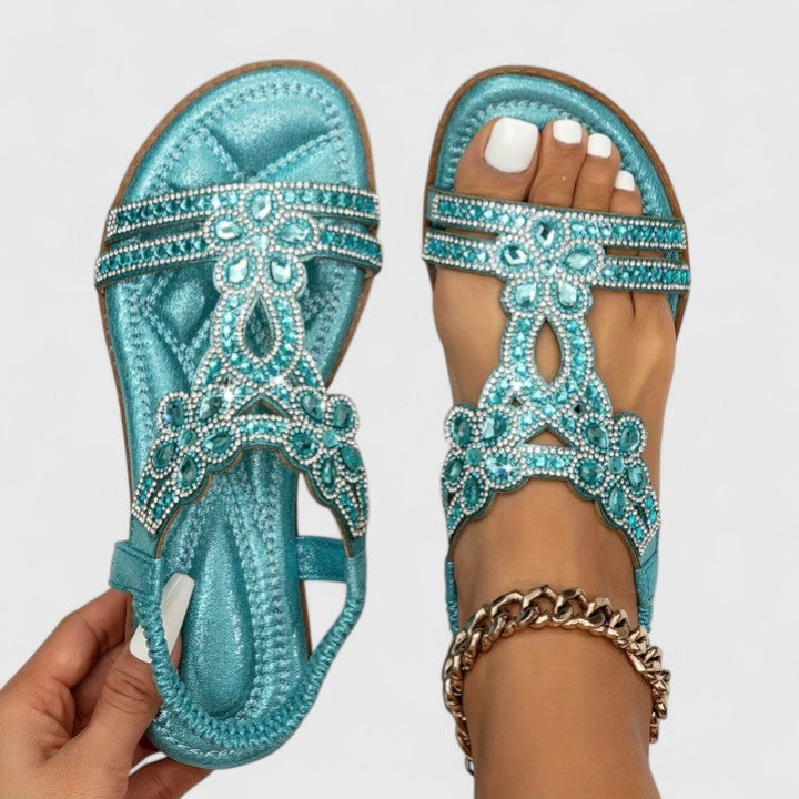 Rhinestone Flat Sandals - Light Blue