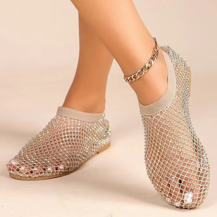 Rhinestone Mesh Flats - Khaki