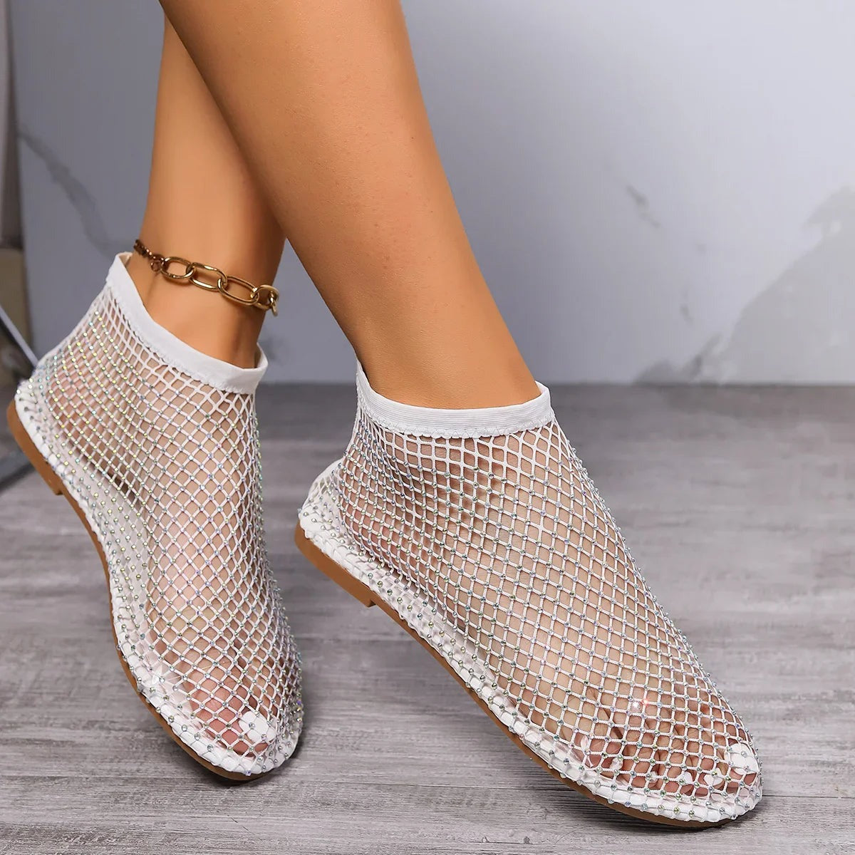 Rhinestone Mesh Flats - White