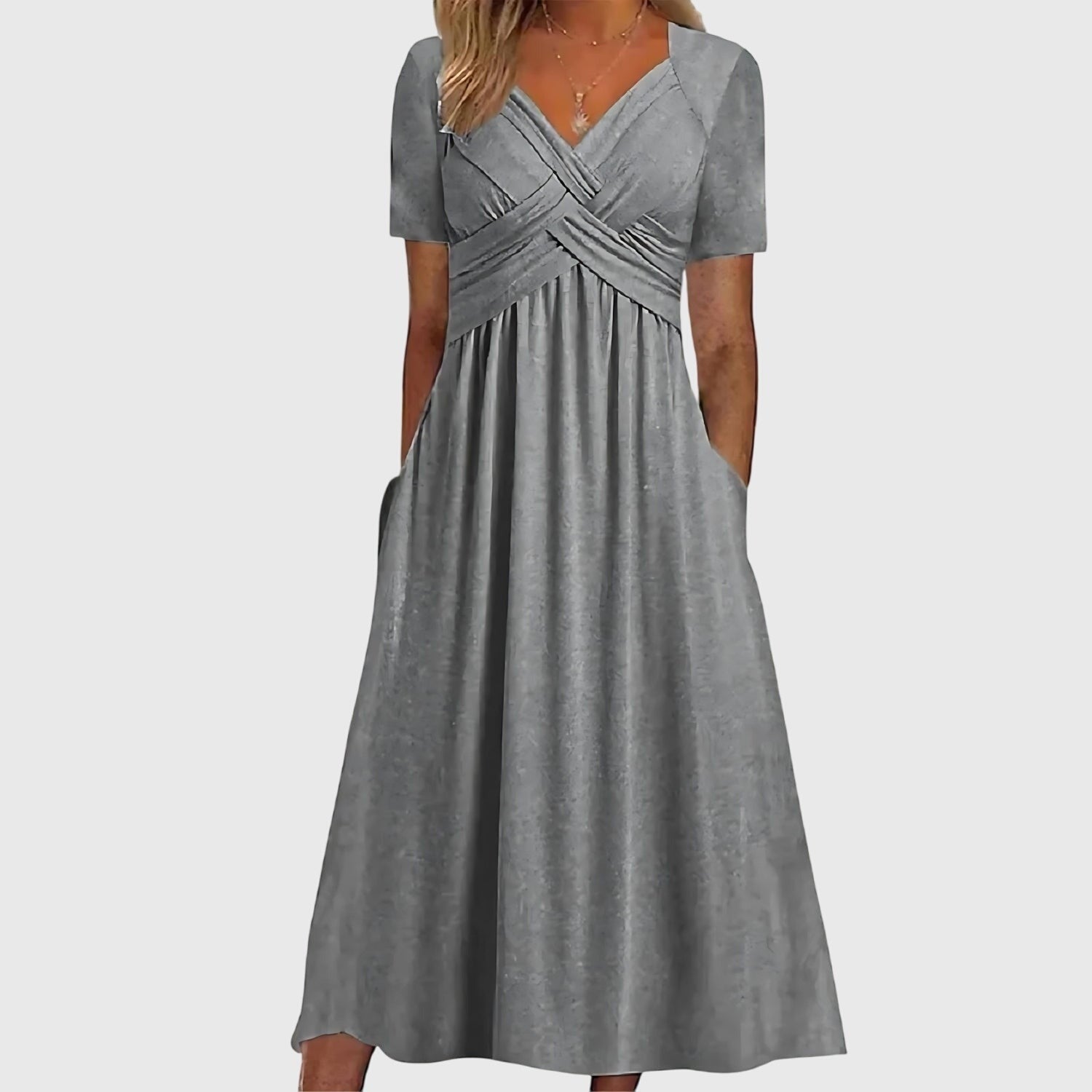 Ruched Empire Waist Midi Dress - Gray