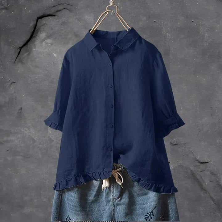 Ruffle Short Sleeve Blouse - Navy
